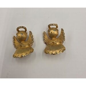 2 VTG Ultra Signed Angels on My Shoulder Rhinestone Gold Tone Pin Brooches 1.5"